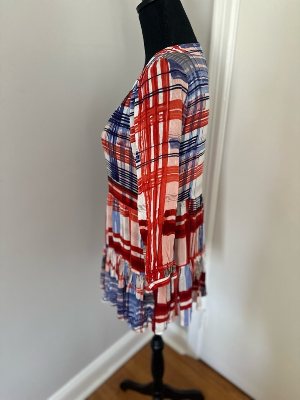 Maeve Anthropologie Lila Tiered Sz:S Ruffle Red Plaid Tunic Shirt Flowy Blouse - Picture 3 of 12